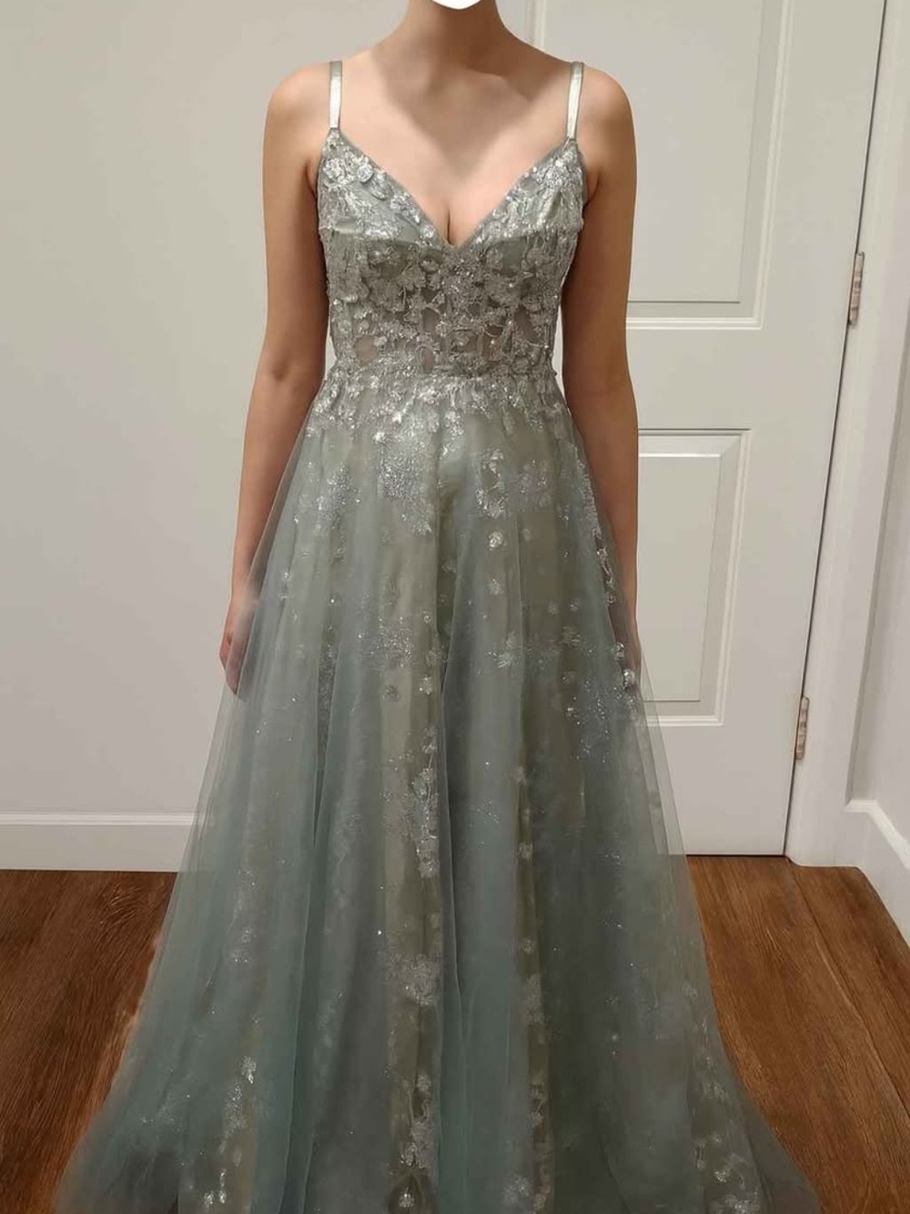 Ethereal Lace Tulle A-Line Gown in Sage Green - Picture 2 of 2